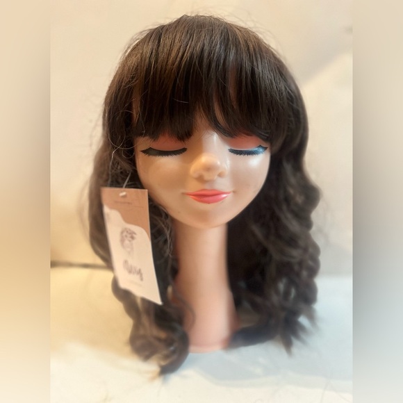 New Curly Wig with Band Color Brown Highlights Full Cap synthetic Blend Wig - Picture 2 of 7